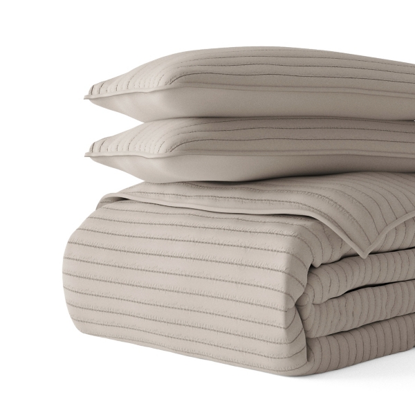 Latte Stitched Stripes 3-pc. Queen Quilt Set