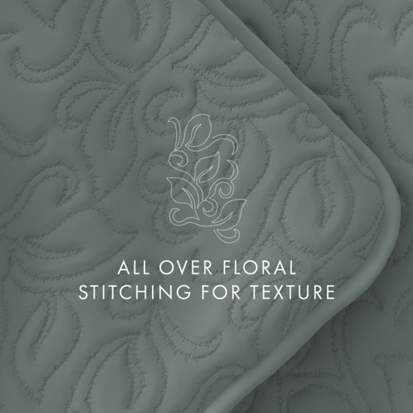 Green Stitched Floral 3-pc. King Quilt Set