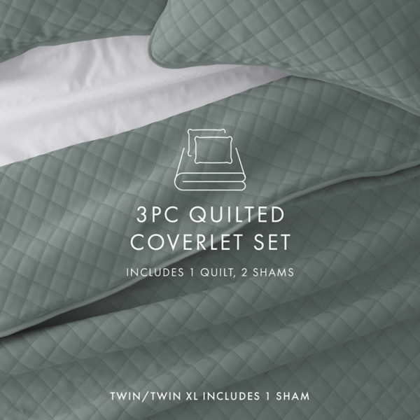 Green Stitched Diamond 3-pc. Queen Quilt Set