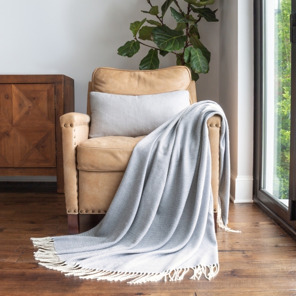 Dusk Blue Herringbone Throw with Fringe