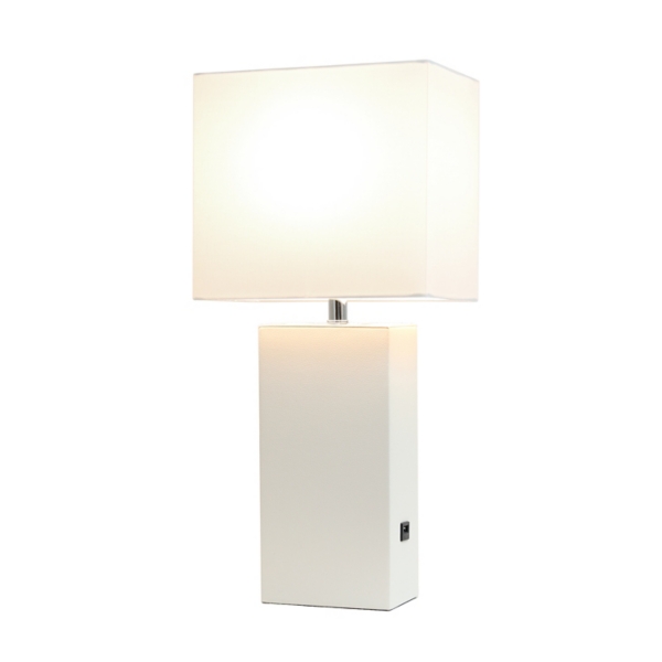 White Faux Leather USB Table Lamp