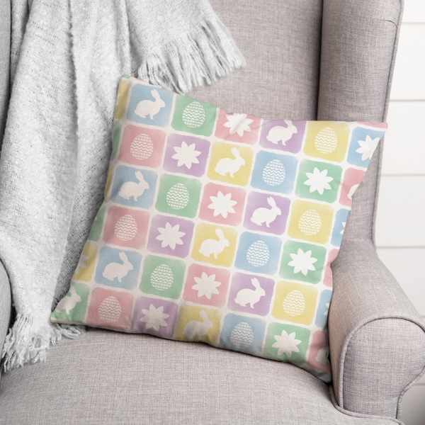 Pastel Easter Bunny Grid Outdoor Pillow