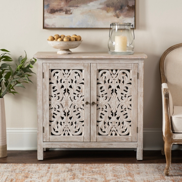 Cream Washed Wood Carved Door Cabinet