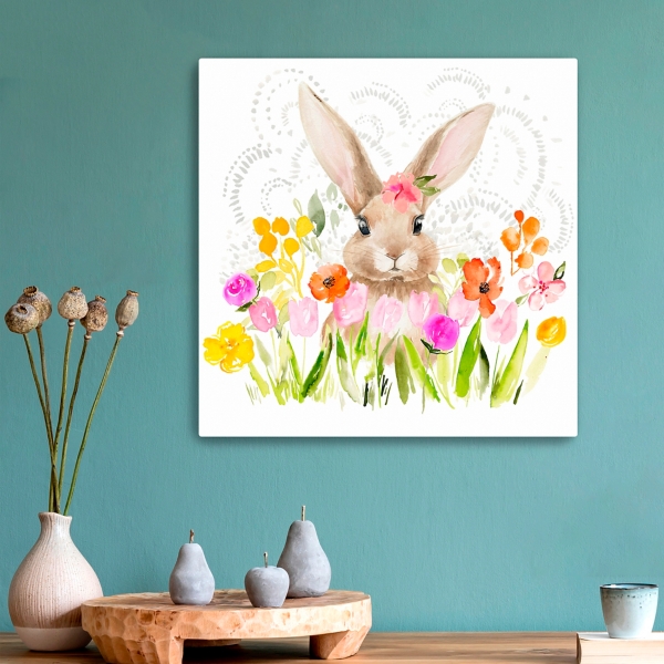 April Flowers and Happy Bunny Canvas Art Print