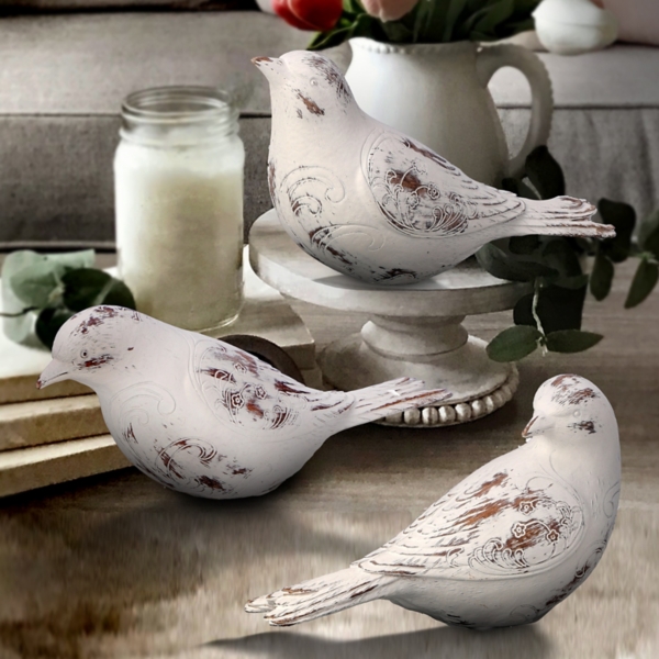Distressed White Carved Bird Statues, Set of 3