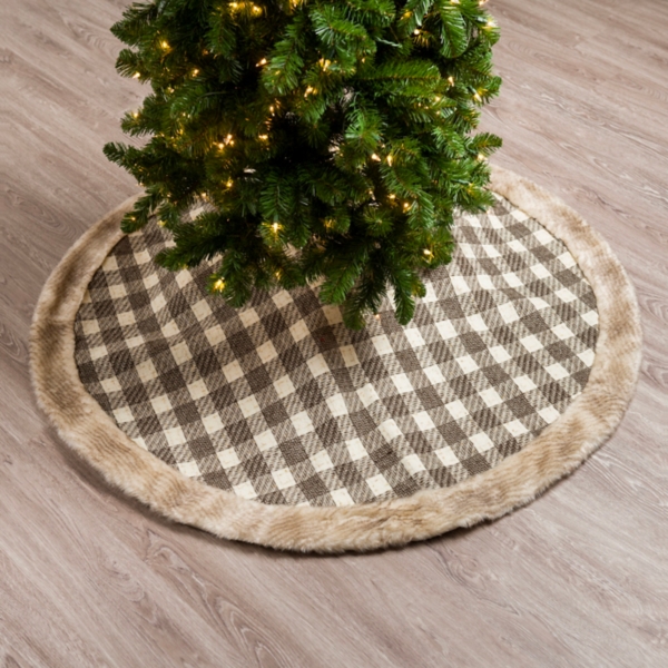 Brown Plaid Faux Fur Trim Christmas Tree Skirt | Kirklands Home