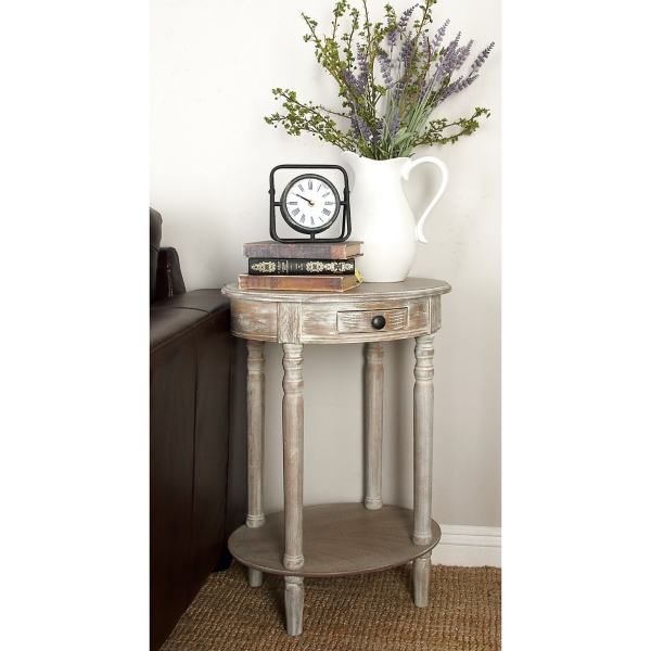 Oval Whitewashed Pine Wood Side Table
