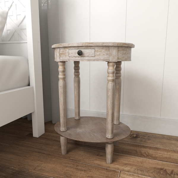Oval Whitewashed Pine Wood Side Table