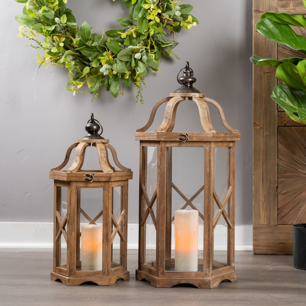 Natural Wood and Iron Hexagon Lanterns, Set of 2