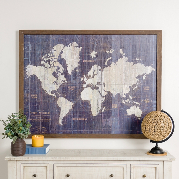 Navy Old World Map Framed Art Print