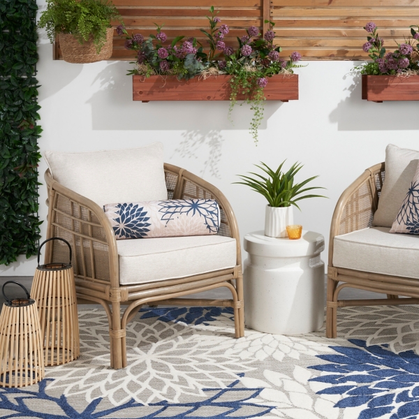 Navy and Beige Floral Outdoor Bolster Pillow