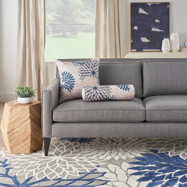 Navy and Beige Floral Outdoor Bolster Pillow