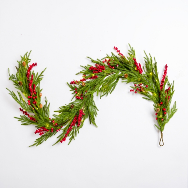 Kirklands Pre-Lit Norfolk Red Berry Garland | Hamilton Place