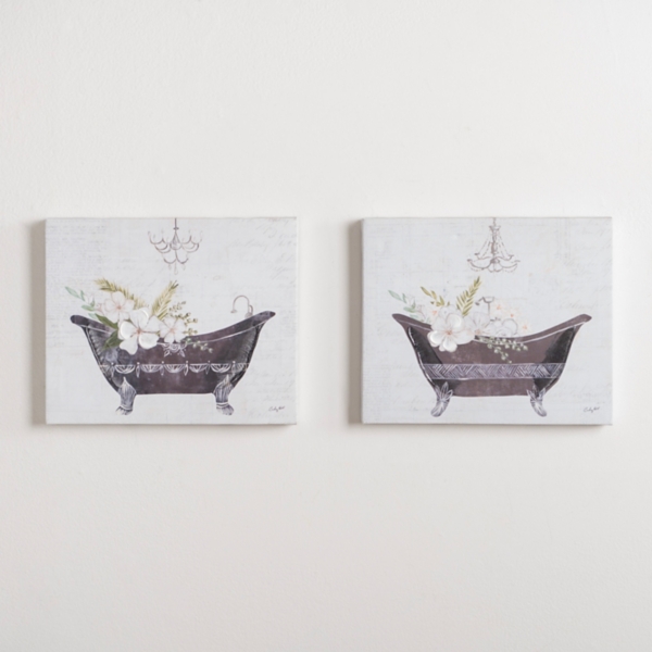 Elegant Floral Bathtub Canvas Art Prints, Set of 2