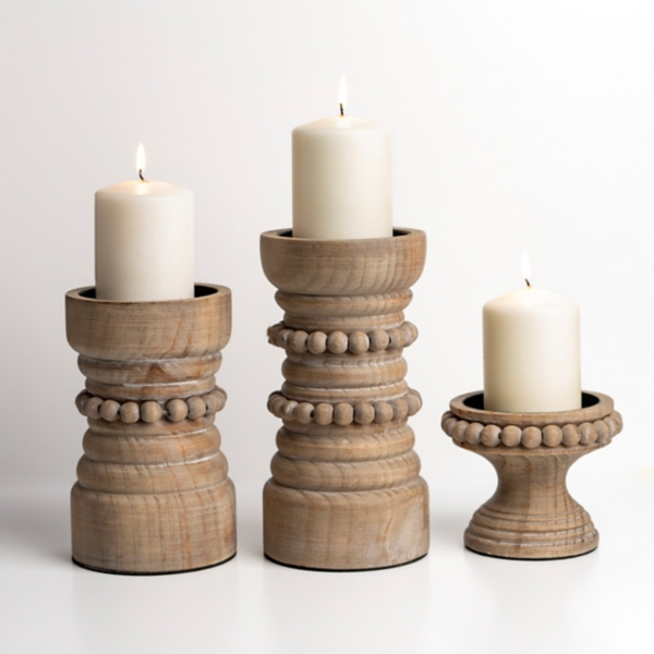 Natural Wood Beaded 3pc. Pillar Candle Holder Set Kirklands Home
