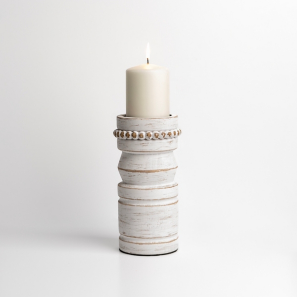 White Beaded Wood Pillar Candle Holder, 8 in. Kirklands Home