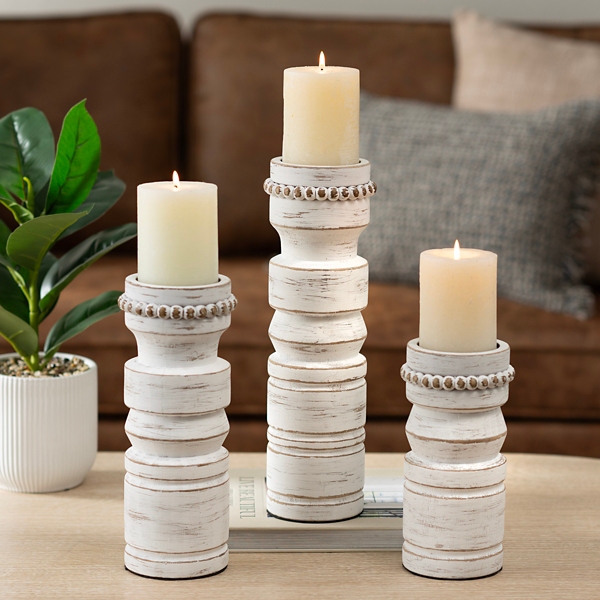 White Beaded Wood Pillar Candle Holder, 11 in. Kirklands Home