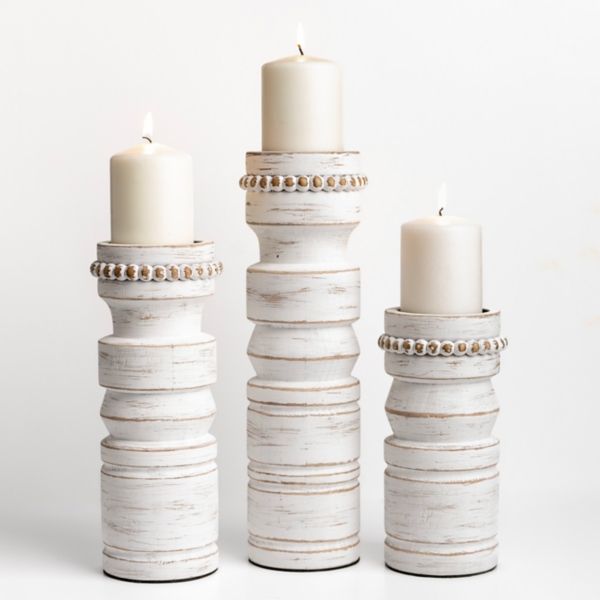 White Beaded Wood Pillar Candle Holders, Set of 3