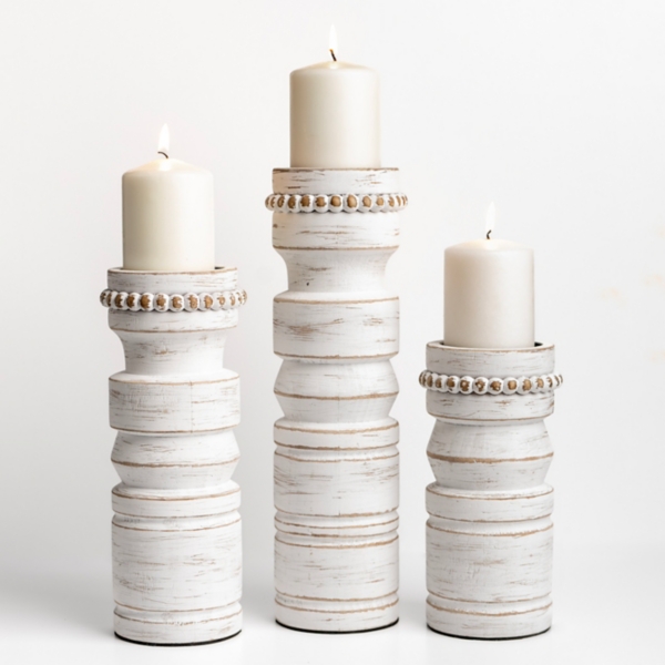 White Beaded Wood Pillar Candle Holders, Set of 3 Kirklands Home