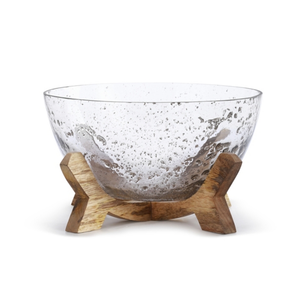 Clear Bubbled Glass Bowl on Wood Stand Kirklands Home