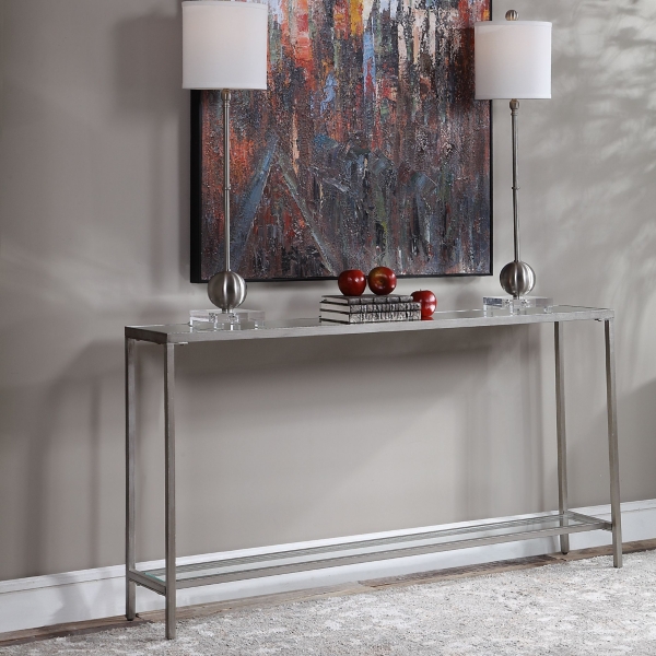 Silver Metal Mirrored Top Slim Console Table