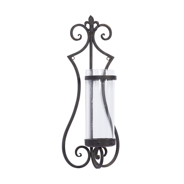 Fleur Distressed Black Iron Sconce, 25 in.