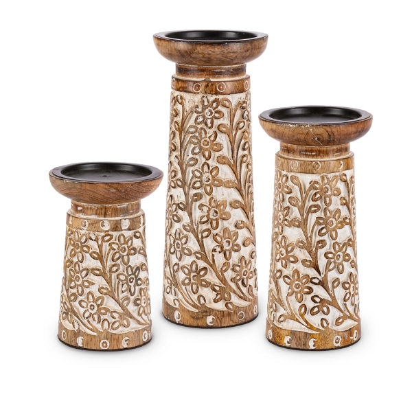 Carved Wood Floral Pillar Candle Holders, Set of 3