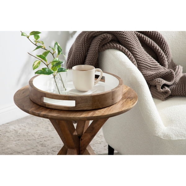 White Enameled Round Mango Wood Tray