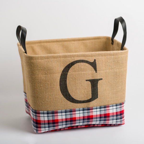 Monogram G Red Plaid Leather Handle Jute Bin Kirklands Home