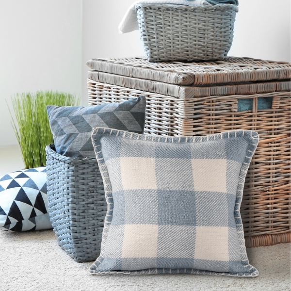 Blue Buffalo Check Stitched Outdoor Throw Pillow