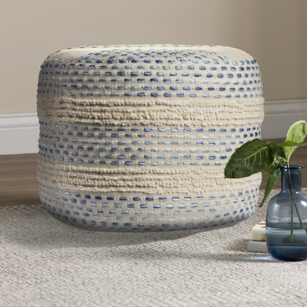 Blue and Cream Textured Stripe Pouf