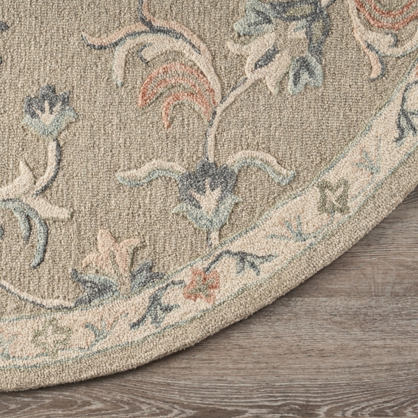 Round Gray Traditional Floral Area Rug, 4x4