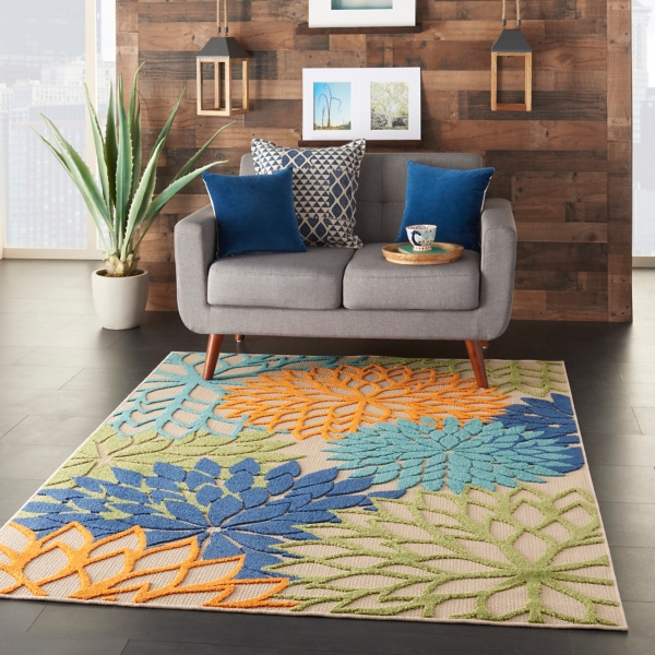 Green and Blue Floral Burst Outdoor Area Rug, 6x9