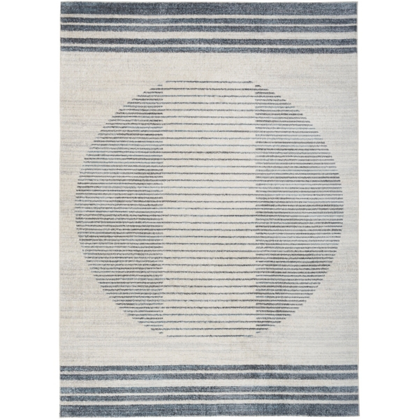 Blue and Ivory Linear Orb Washable Area Rug, 5x7