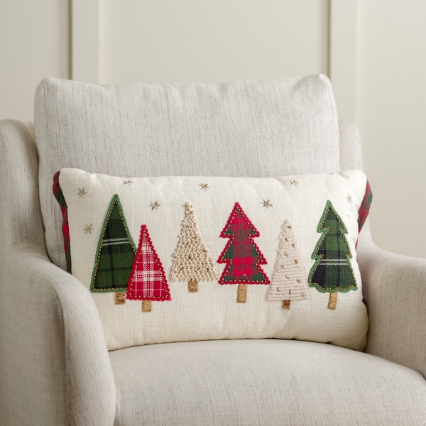 Embroidered Christmas Trees Plaid Pillow