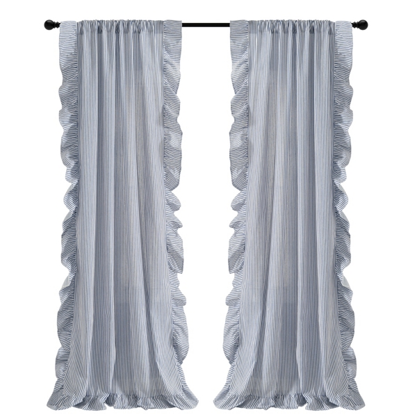 Blue Stripe Ruffled Curtain Panel Set, 84 in.