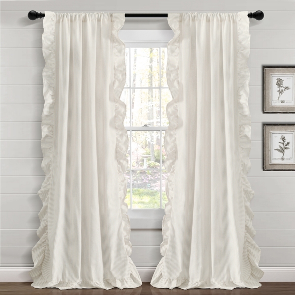 Tan Stripe Ruffled Curtain Panel Set, 84 in.