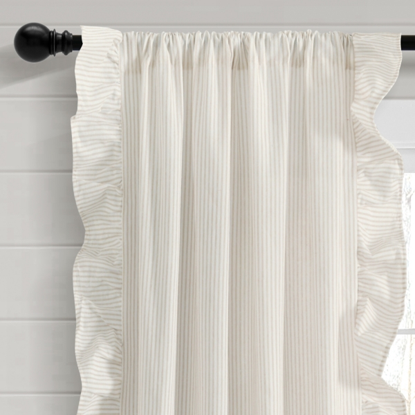 Tan Stripe Ruffled Curtain Panel Set, 84 in.