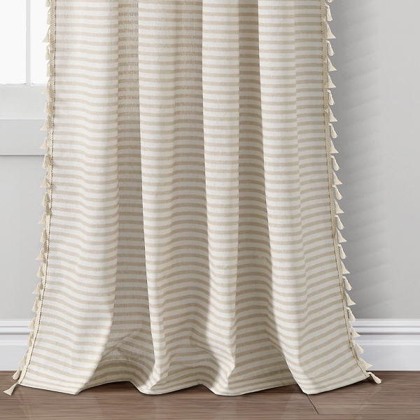 Tan Striped Tassel Curtain Panel Set, 84 in.