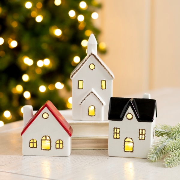 White Ceramic House & Church 3-pc. Figurine Set