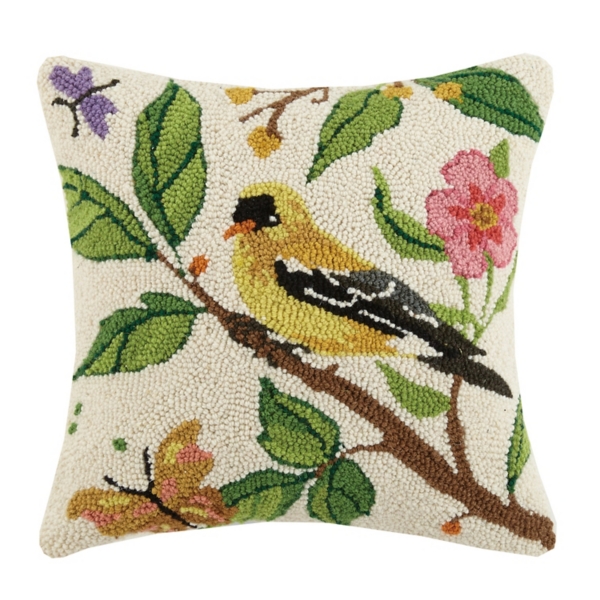 Floral Goldfinch Hooked Wool Pillow