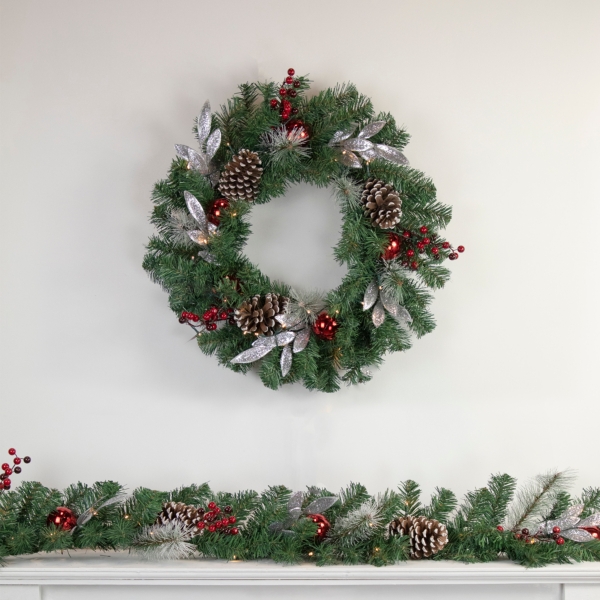Pre-Lit Silver Leaf and Pine Wreath