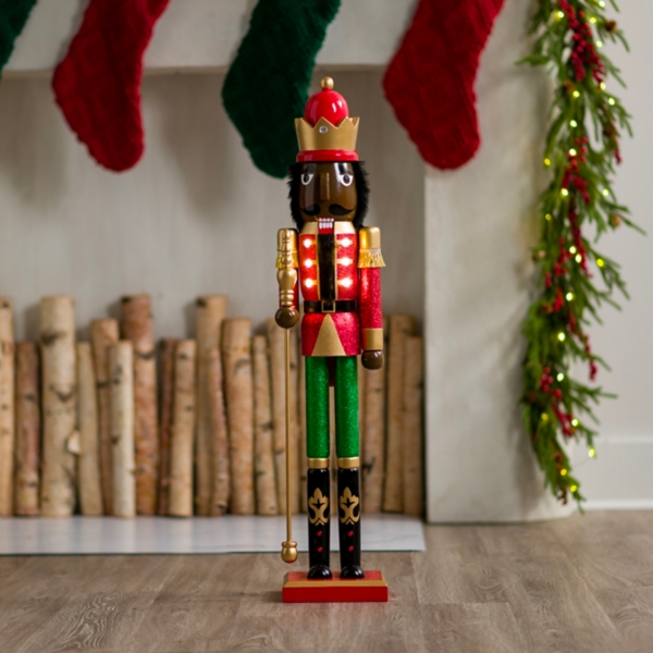 LED Nutcracker with Staff Figurine