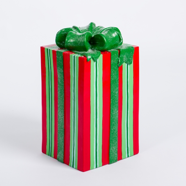 Red and Green Striped Christmas Present Statue