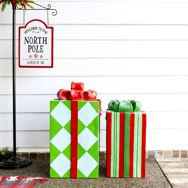 Red and Green Striped Christmas Present Statue