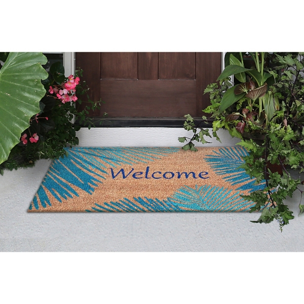 Blue Palm Fronds Welcome Coir Doormat