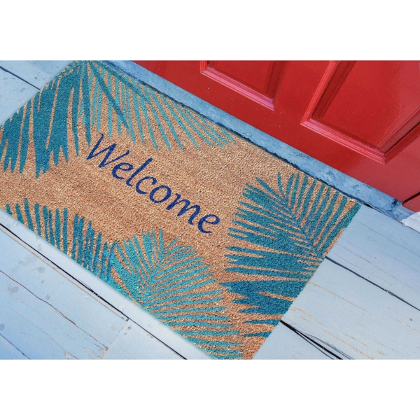 Blue Palm Fronds Welcome Coir Doormat