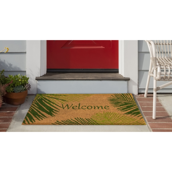 Green Palm Fronds Welcome Coir Doormat