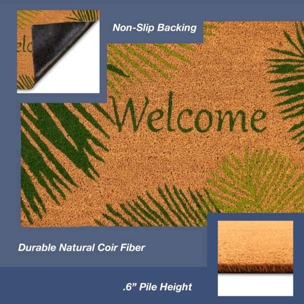 Green Palm Fronds Welcome Coir Doormat