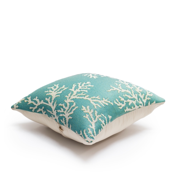 Turquoise Coral Woven Outdoor Throw Pillow